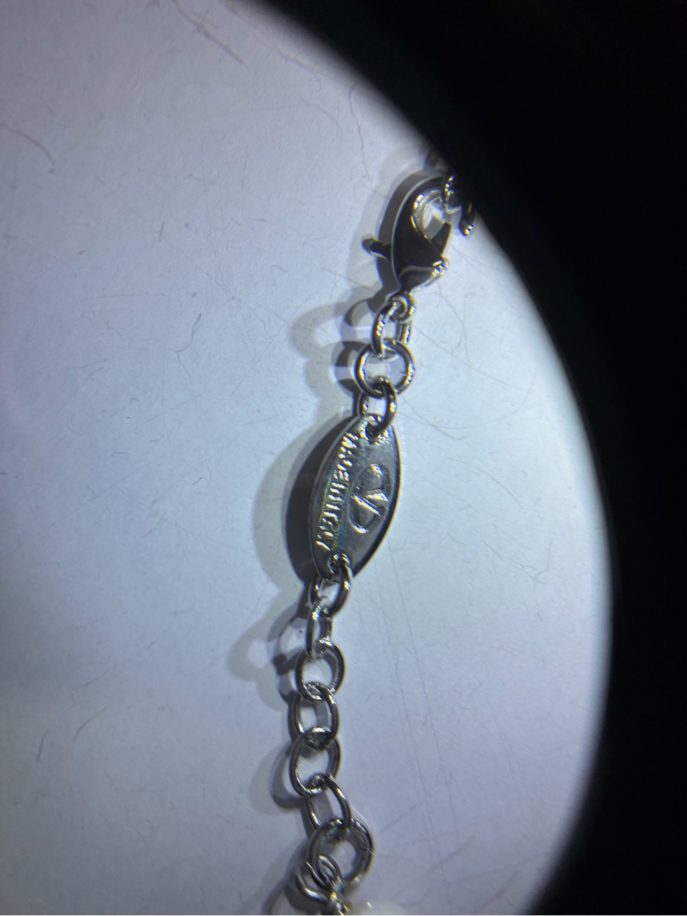 Silver and White Pearl Valentino V-Emblem Necklace - Picture 6 of 11